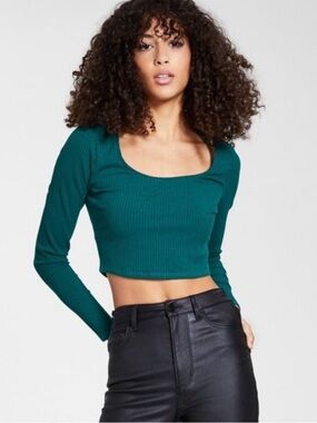 Bar III Ribbed Scoop Neck Long Sleeve Crop Top - Mauve Pink